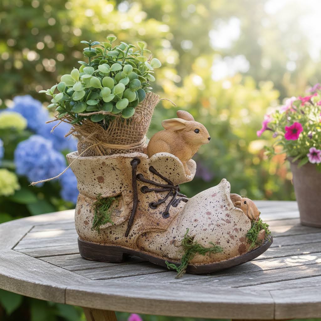 Blomsterpotte sko med kaninfamilie – sød og unik pynt