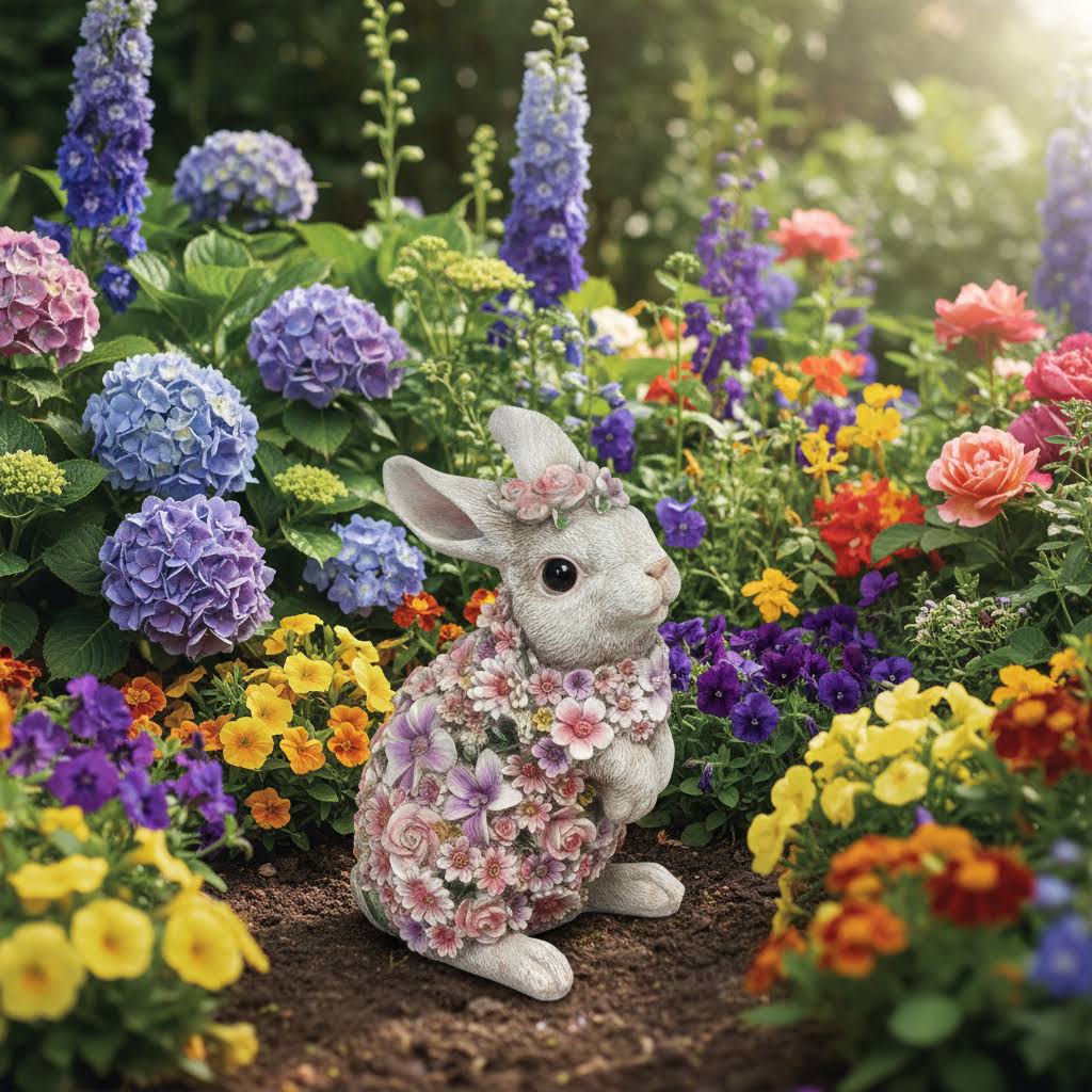Dekorativ kanin figur med blomster – farverig have- og boligdekoration