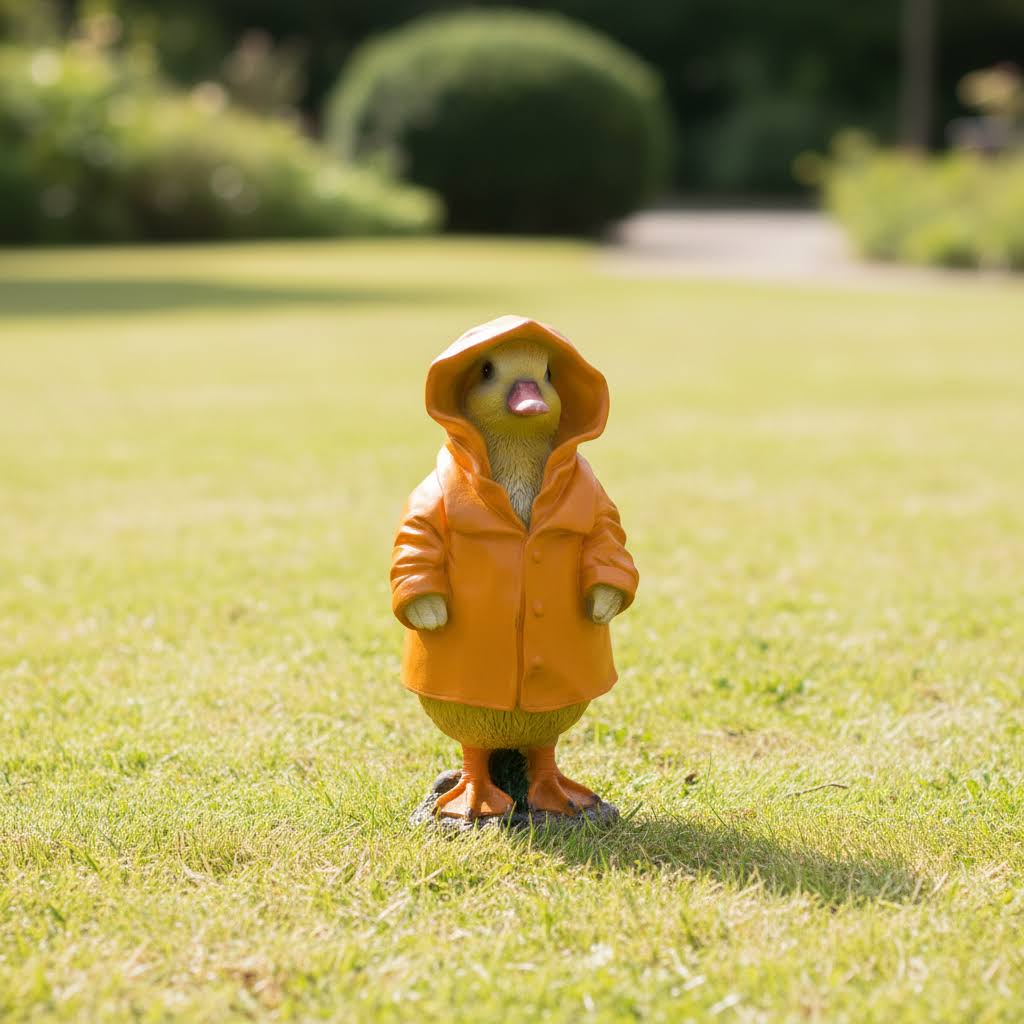 And figur med regnfrakke – sjov dekoration til hjem og have