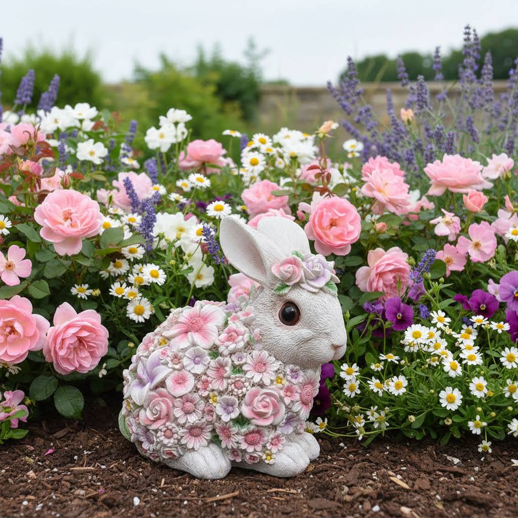 Dekorativ blomster kanin figur – sød og hyggelig have- og boligdekoration