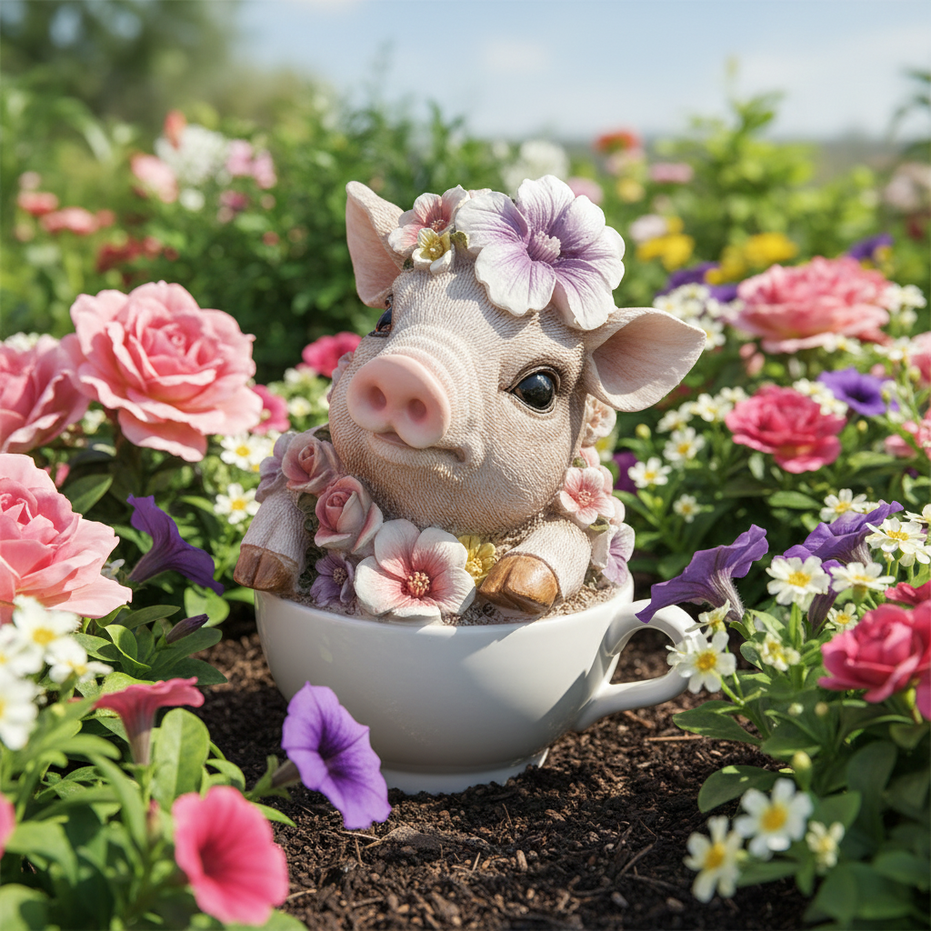 Dekorativ gris kop med blomst – sød og kreativ have- og boligdekoration