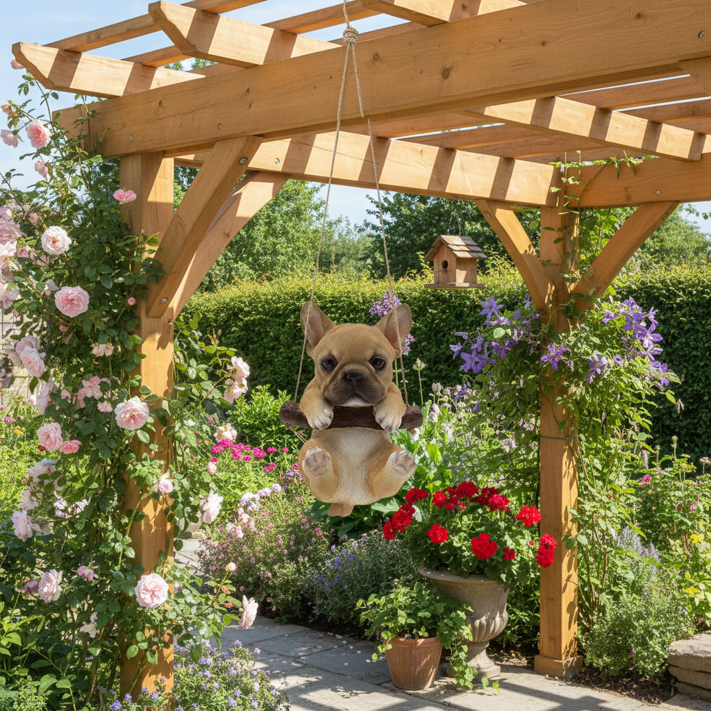 Fransk Bulldog Hvalp Gynge 12cm | Frenchie Havedekoration Vejrbestandig